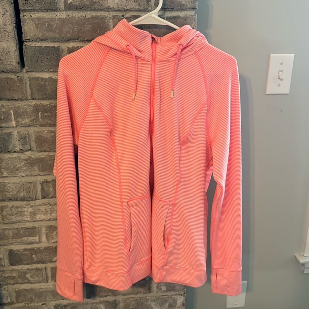Bright coral and white striped 3/4 zip hoodie like new Tangerine XL thumb holes